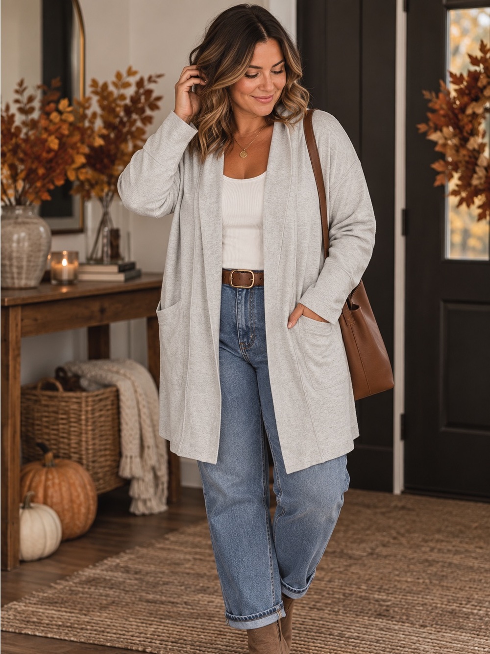 Rachel Zoe Light Gray Open Front Long Cardigan Sweater Cotton Blend M